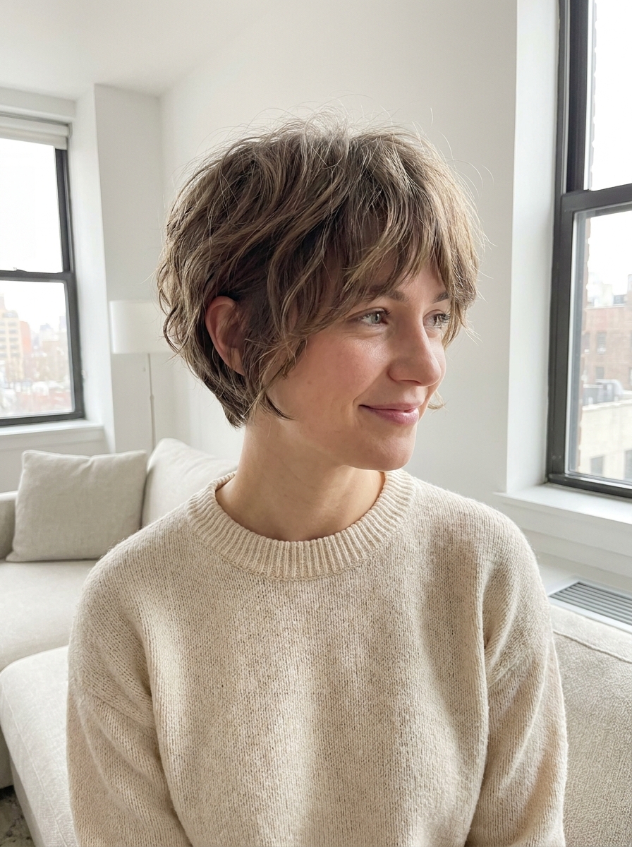 Voluminöser Undone Pixie Bob als Chaotische Kurzhaarfrisuren Inspiration 2026
